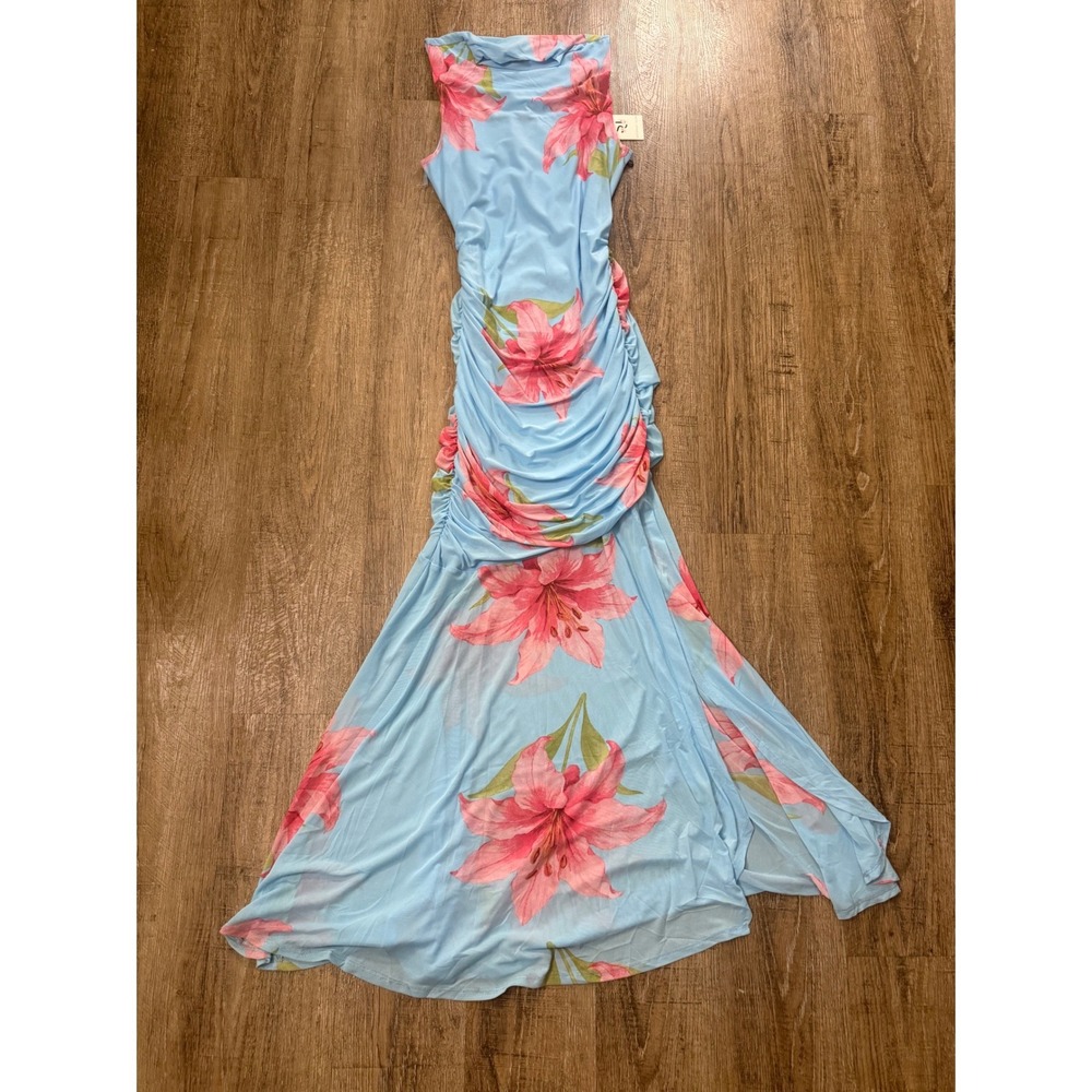 Sincerely Jules Floral Ruched Maxi Dress Blue Pink Lily Sleeveless Size L NWT